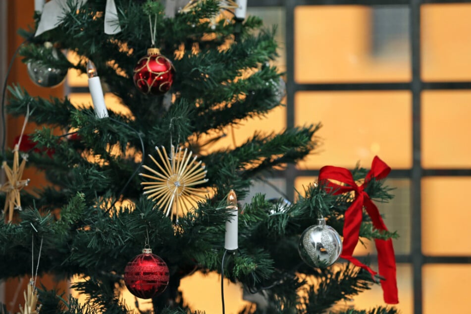 Ein geschmückter Weihnachtsbaum steht vor einem vergitterten Fenster einer Jugendstrafvollzugsanstalt. (Symbolbild)