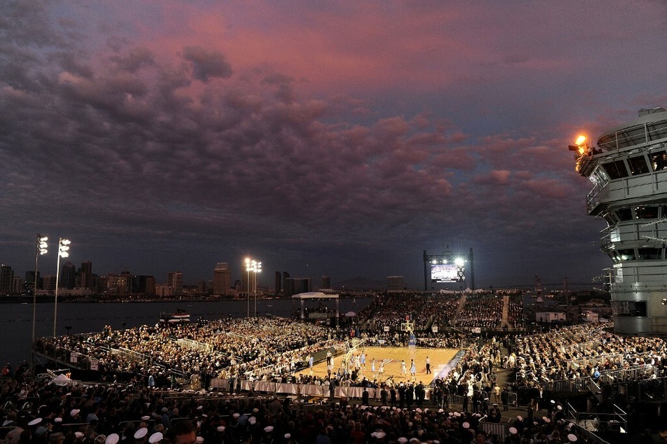 A general view as the Michigan State Spartans take on the North Carolina Tar Heels during the NCAA men's college basketball Carrier Classic aboard the flight deck of the USS Carl Vinson.