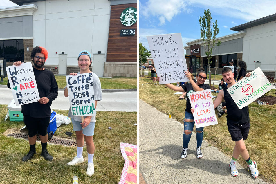 Starbucks workers at Buffalo's Sheridan and Bailey store strike on July 8.