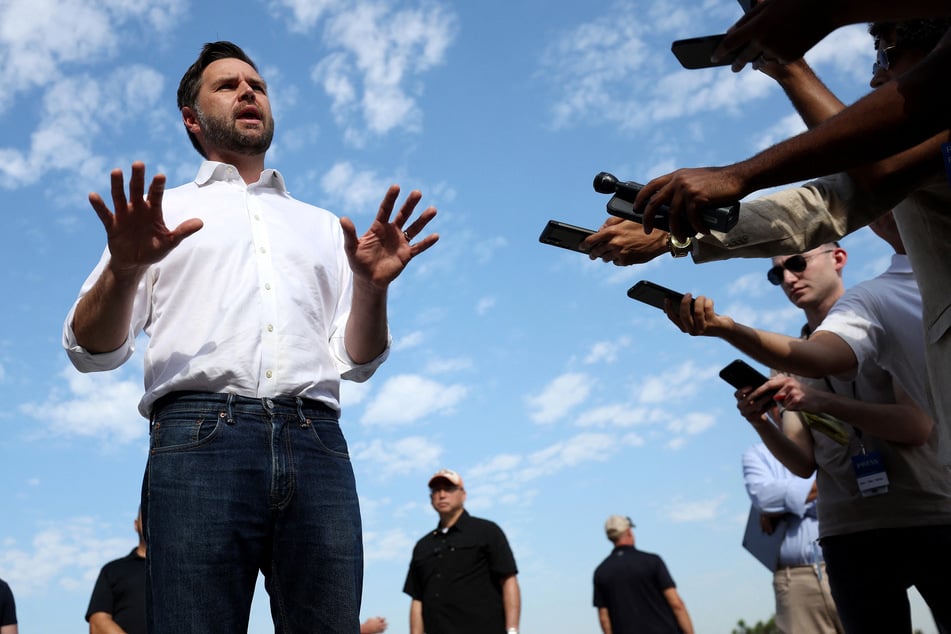 JD Vance speaking to reporters in front of the border wall with Mexico on September 06, 2024 in San Diego, California.