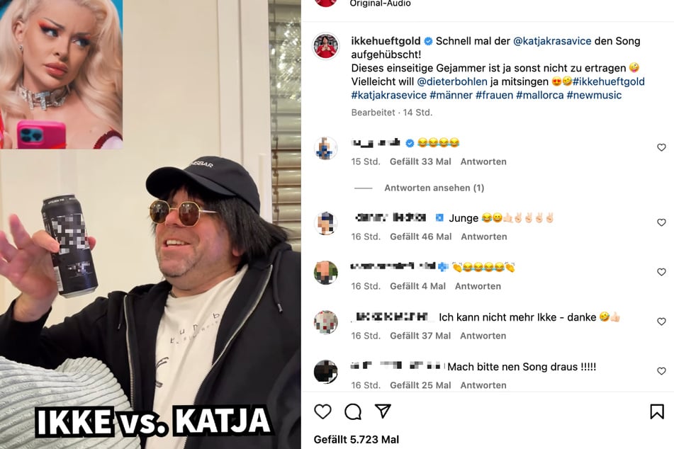 Der Screenshot zeigt den kompletten Instagram-Eintrag von Ikke Hüftgold (46): "Schnell mal der @katjakrasavice den Song aufgehübscht! Dieses einseitige Gejammer ist ja sonst nicht zu ertragen 🤪", ist in dem Kommentar des Partyschlager-Sängers zu lesen.