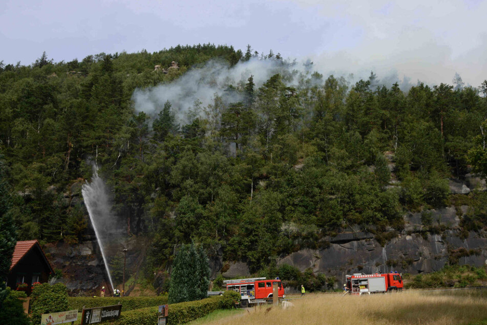 Auch im Ferienort Oybin im Landkreis Görlitz war ein Waldbrand ausgebrochen. Feuerwehrleute löschten von ihren Fahrzeugen aus das Feuer.