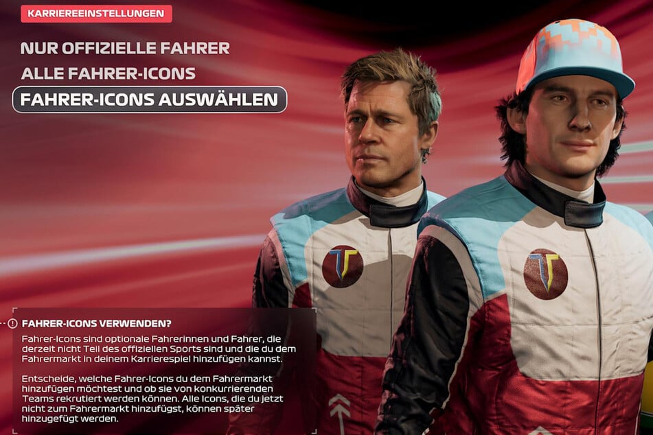 Neben geschichtsträchtigen Fahrern wie Ayrton Senna (vorne, †34) steht auch Brad Pitt (61) alias Sonny Hayes aus dem F1-Kinofilm zur Fahrerwahl.