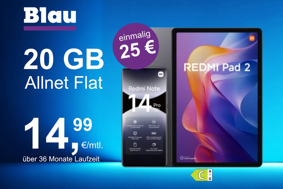 Das Xiaomi Redmi Note 14 Pro plus Pad 2 im Blau Allnet M für einmalig 25 Euro.