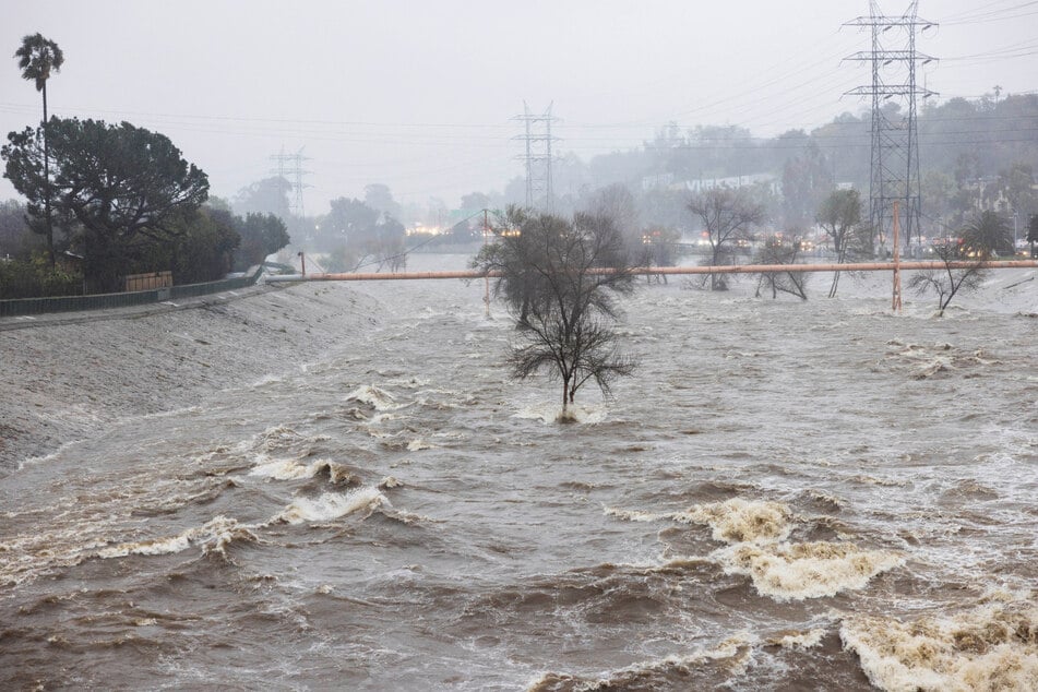 The Los Angeles river rages during the winter storm.