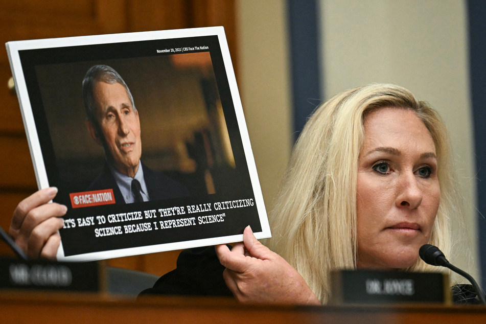 Marjorie Taylor Greene (r.) refused to recognize Dr. Anthony Fauci as a doctor as she ranted about Covid-19 policies during Monday's hearing.