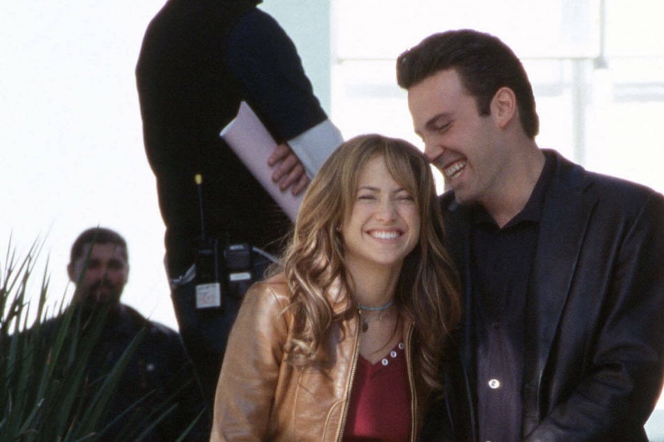 Jennifer Lopez (l) and Ben Affleck on the set of the film, Gigli in 2003. The couple split shortly after the film's release, but have since reunited.