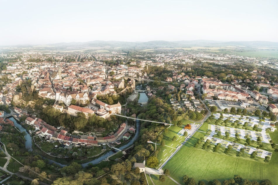 Unten der vergrößerte "Schliebenparkplatz", oben die Altstadt und dazwischen vermittelt eine Fußgängerbrücke über die Spree. So sieht Bautzens "Vision Spreetor" aus.
