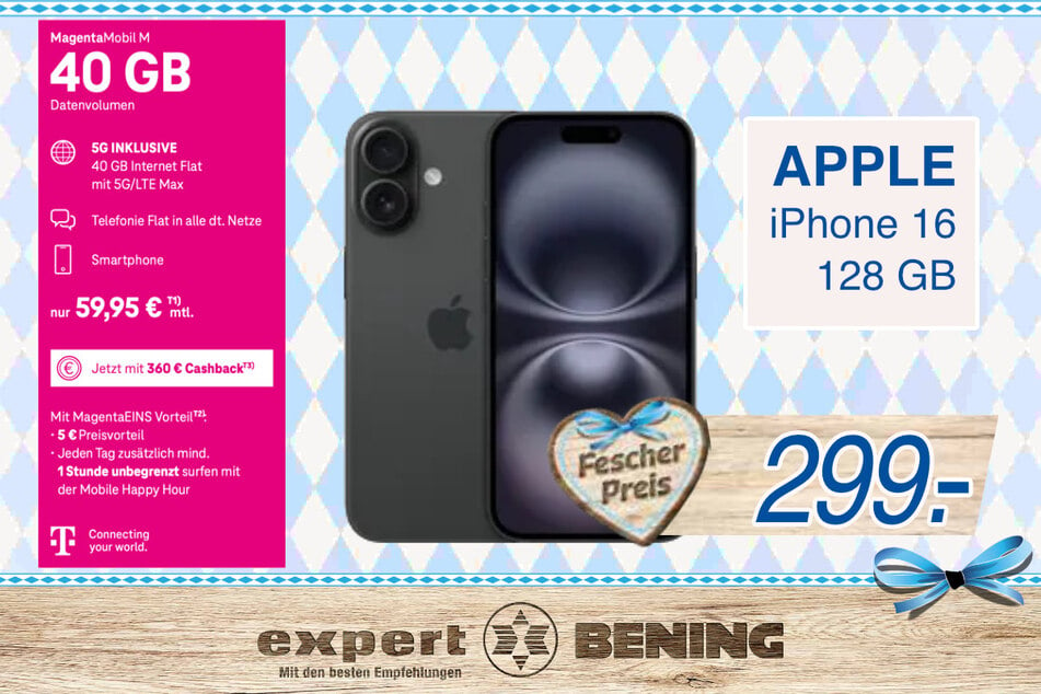 Apple iPhone 16 im Telekom MagentaMobil M Tarif (mit 360 Euro Cashbackᵀ³) für 299 Euroᵀ¹.