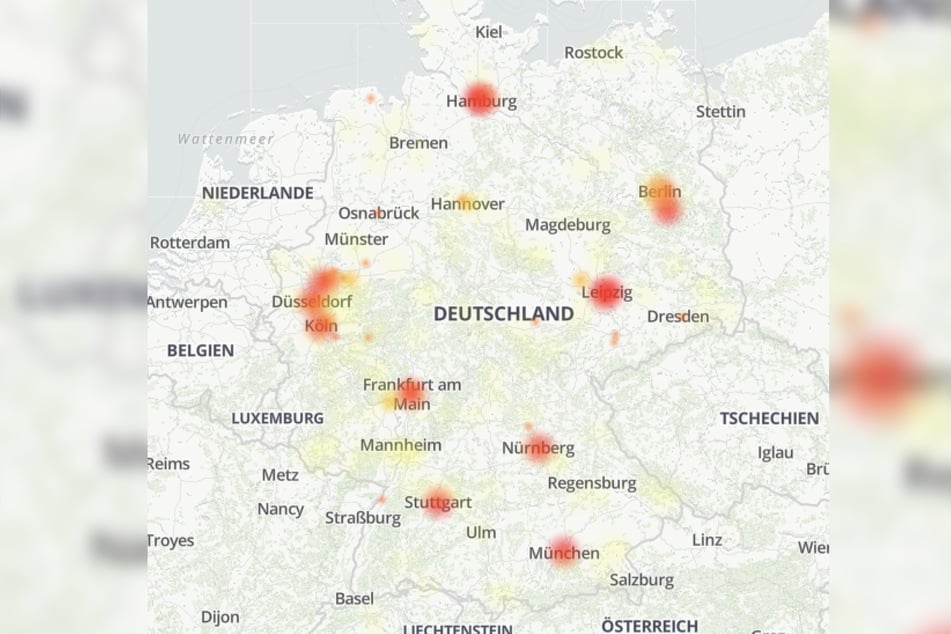 Die Störungskarte von allestörungen.de zeigt massive Probleme bei der Telekom am Dienstagmorgen.
