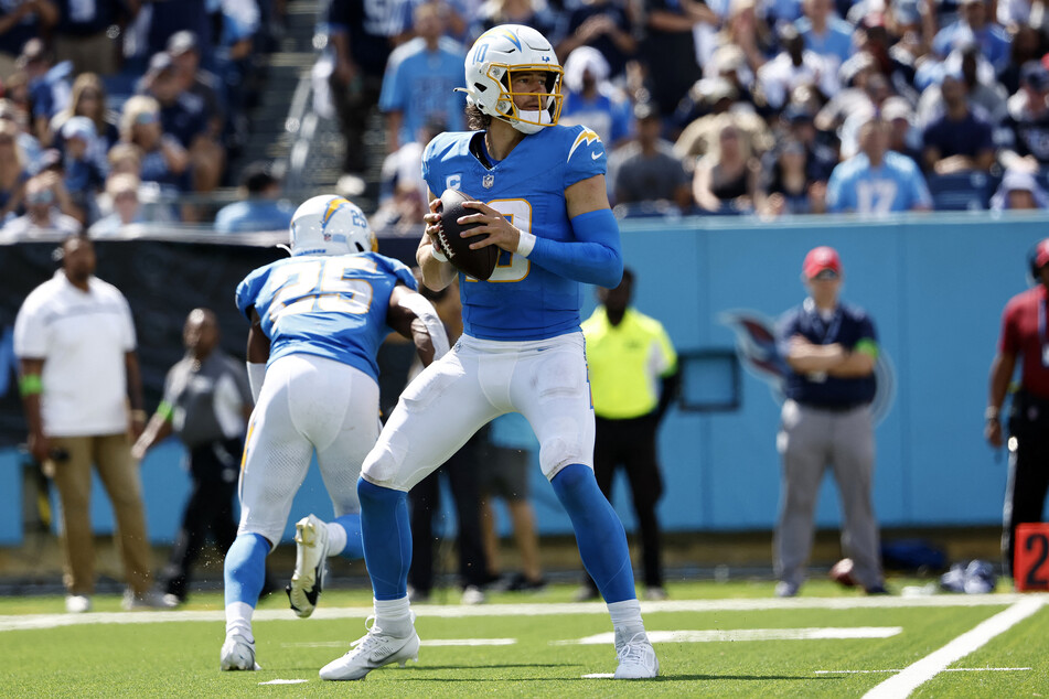 Justin Herbert of the Los Angeles Chargers attempts a pass in the third quarter against the Tennessee Titans.