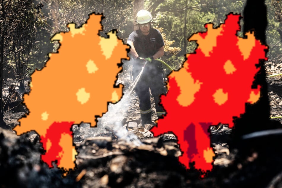 Der Waldbrandindex (WBI) des Deutschen Wetterdienstes zeigt für den Sonntag eine verbreitet erhöhte Waldbrandgefahr für Hessen (l.), für den Dienstag dann eine verbreitet hohe Waldbrandgefahr.