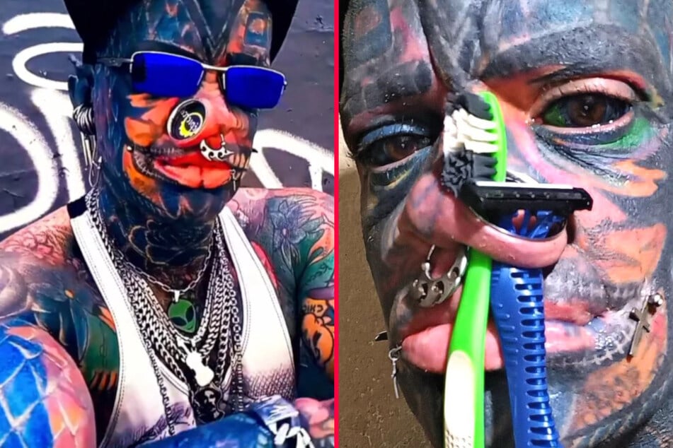 Body mod addict uses nose as impromptu toothpaste and sunglasses holder