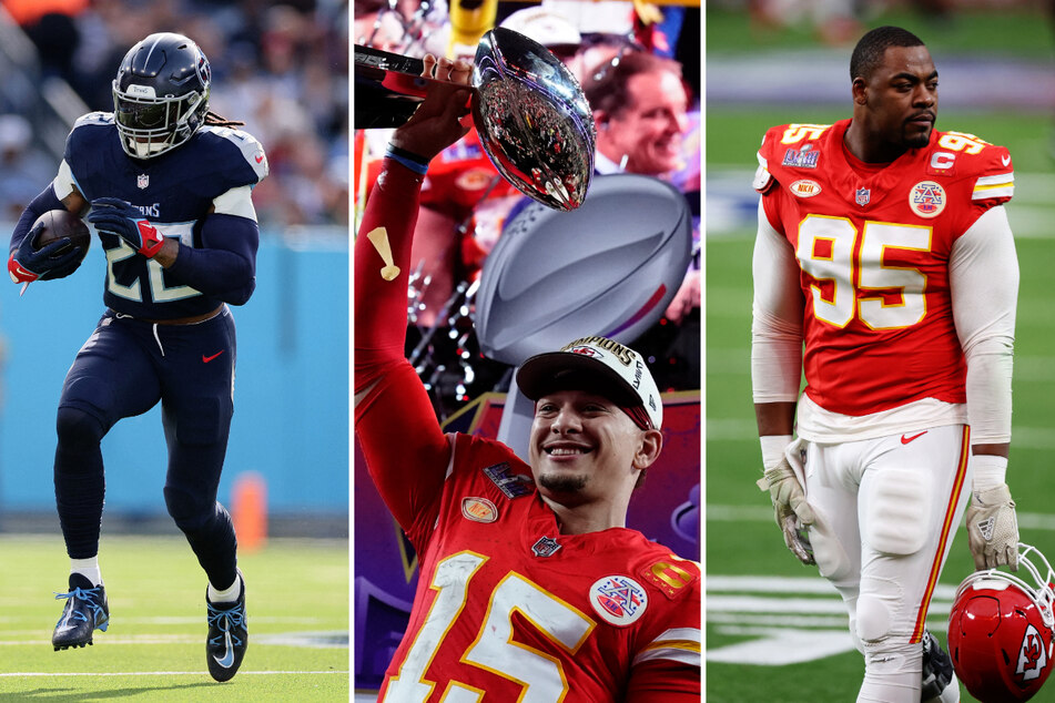 The 2024 NFL Free Agency kicked off with the Baltimore Ravens singed Derrick Henry (l.), while the Kansas City Chiefs tied up Chris Jones (r.) to a new contract and restructured Patrick Mahomes' deal.