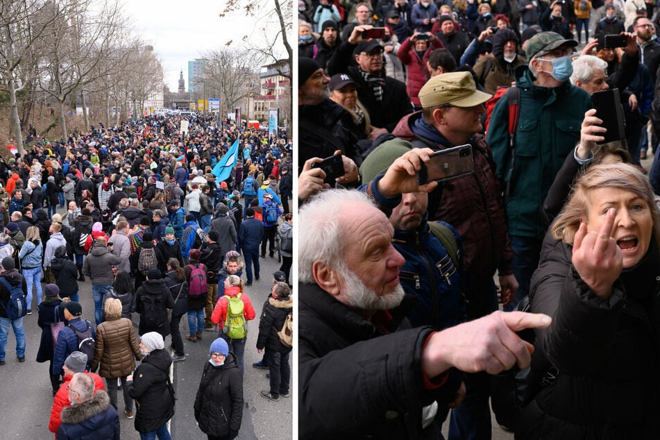 Ob auf der Magdeburger Straße (l.) oder vor dem Kongresszentrum: Die Ereignisse der "Querdenker"-Demo in Dresden am Samstag sorgen für Bestürzung unter Politikern.