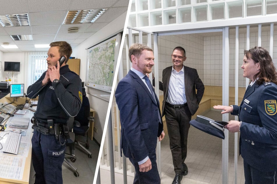 Neun Fahrzeuge, drei Zellen: Kretschmer besucht Sachsens kleinstes Polizeirevier