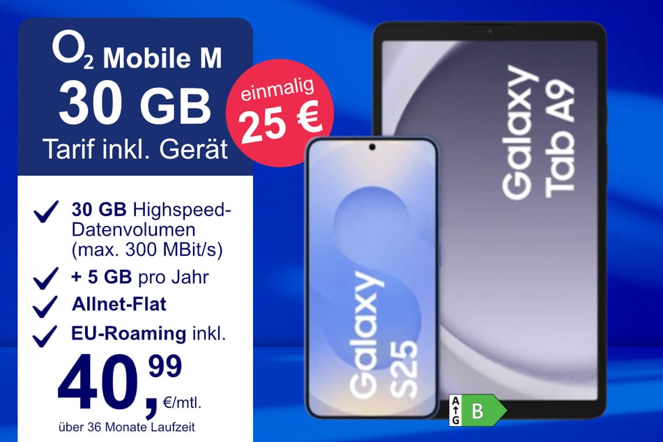 Das Samsung Galaxy S25 + Tab A9 im o2 Mobile M für einmalig 25 Euro.