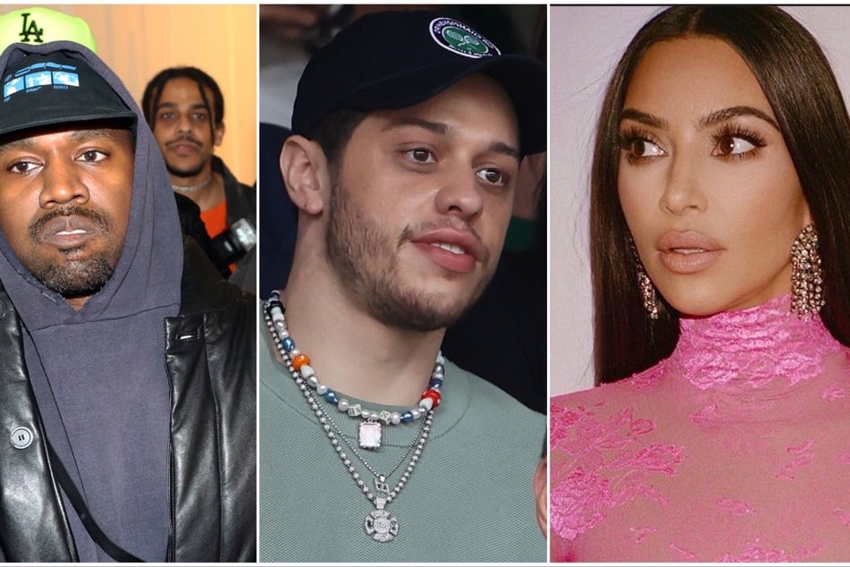 According to reports, Kim Kardashian (r.) keeps her romance with Pete Davidson (c.) off social media to protect