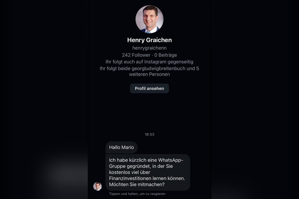 Der Klon: Mit dieser Einladung des "Landrats" versuchten mutmaßliche Anlagebetrüger, Opfer in eine WhatsApp-Gruppe zu locken.