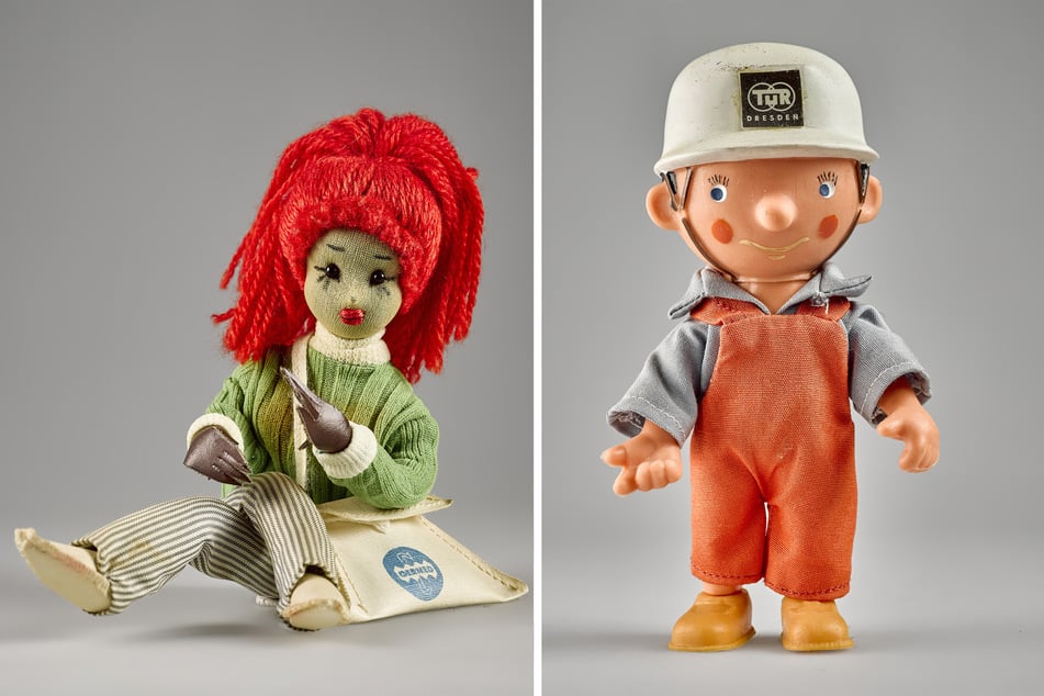 Diese Dame (l.) warb für das Arzneimittelkombinat Germed, dessen Stammhaus sich in Dresden befand. Das männliche TuR-Pendant (r.) dagegen verweist mit Latzhose und Helm auf die Produktionsstrecke.