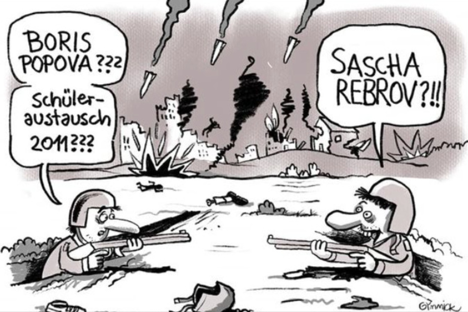 Die Karikatur von Tobias Hacke zeigt auf, wer im russischen Krieg in der Ukraine aufeinander trifft.