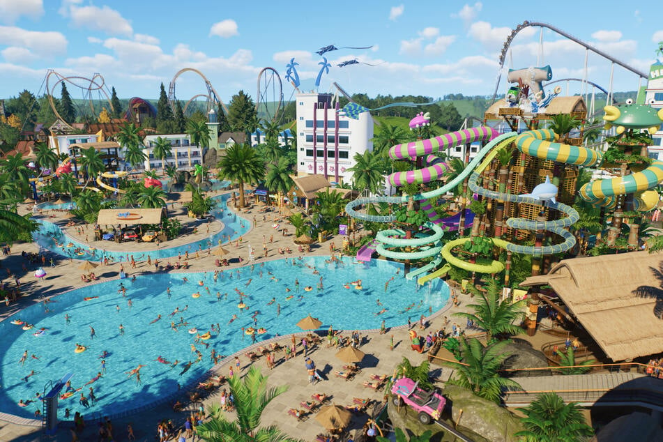 Achterbahnen und Freibad: Eine gute Kombination in "Planet Coaster 2".