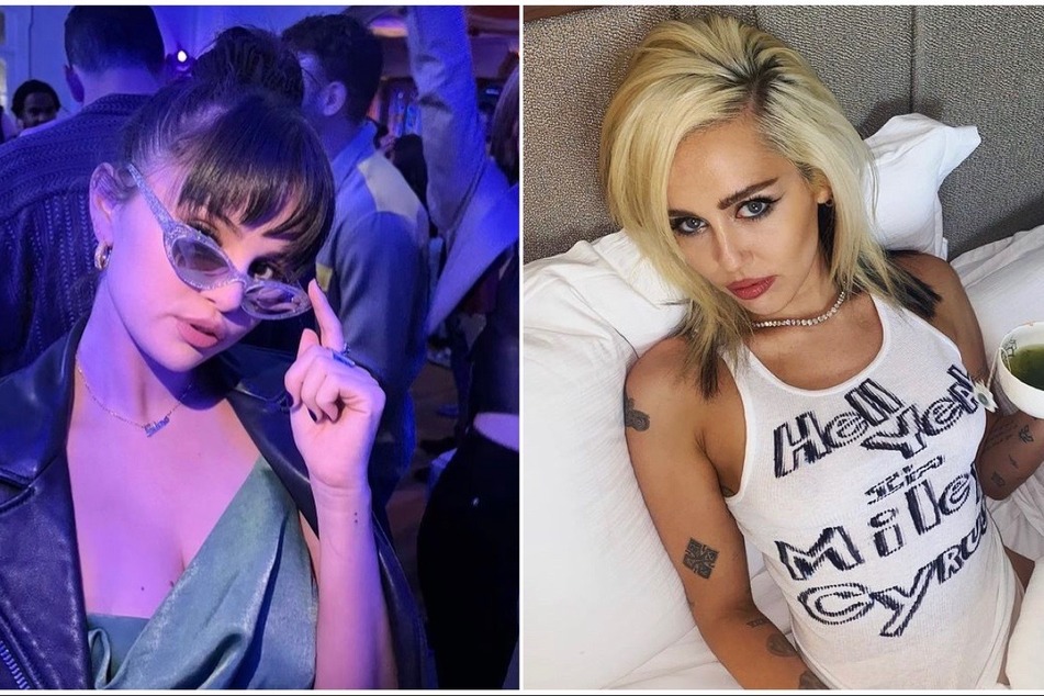 Miley Cyrus (r) showed her support of Selena Gomez's opening monologue from Saturday Night Live with a new look.