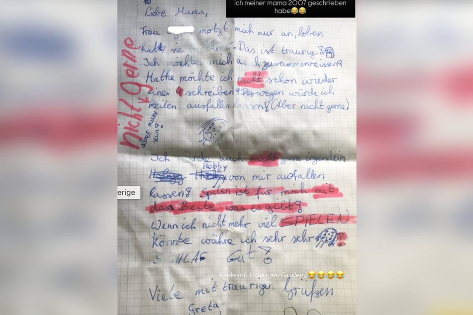 Ein Foto des Briefs, den sie als Achtjährige schrieb, veröffentlichte die Influencerin am Mittwoch auf Instagram.