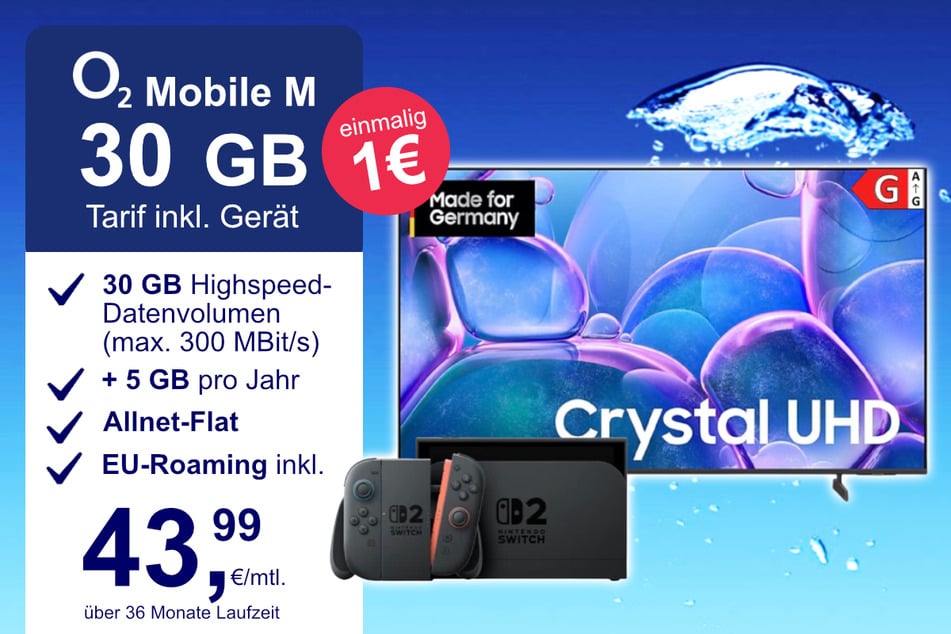 Die Nintendo Switch 2 + Samsung 50-Zoll Crystal UHD im o2 Mobile M inkl. 30 GB+ für einmalig nur 1 Euro.