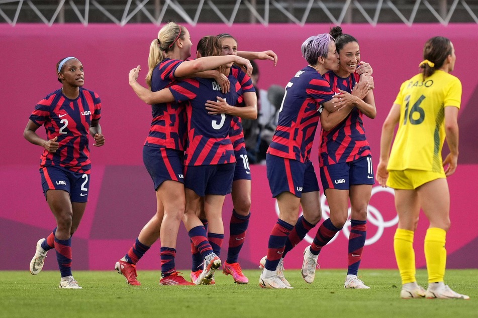 Team USA celebrated during their match against Australia in the women's bronze medal match at the Tokyo Olympic Games.