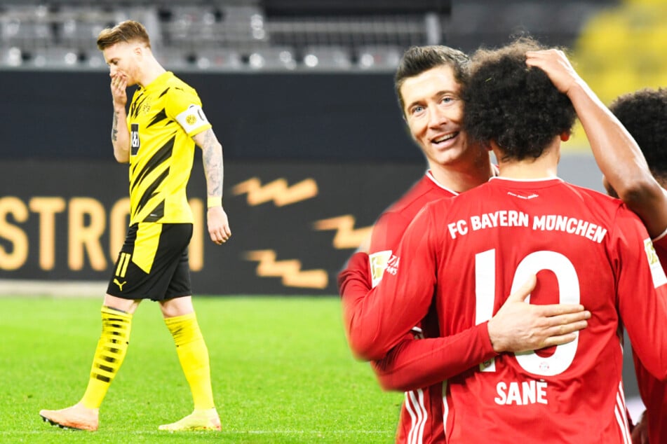Während Marco Reus (l.) die Riesenchance zum 3:3 vergab, konnten Robert Lewandowski (2.v.l.) und Leroy Sané über den Bayern-Sieg jubeln.