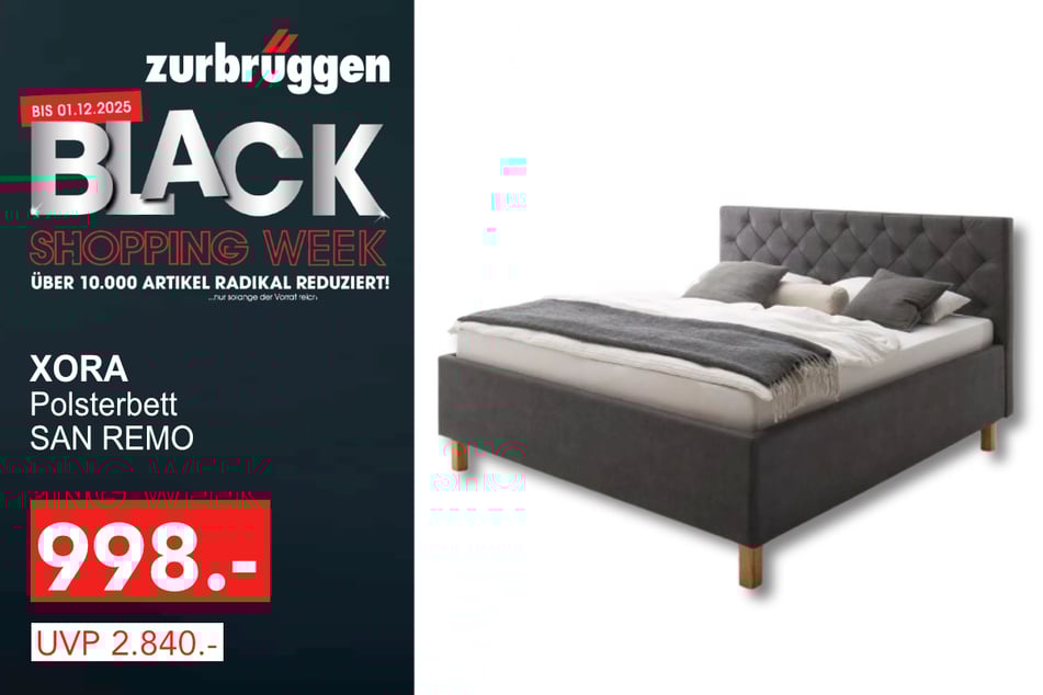 Das XORA Polsterbett SAN REMO
für 998 statt 2.840 Euro.