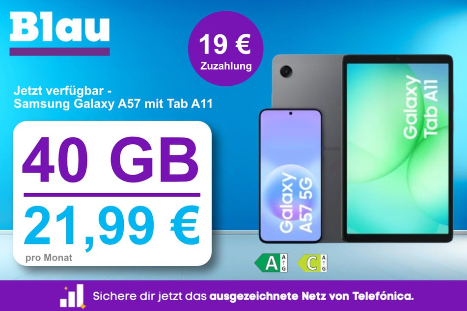 Das Samsung Galaxy A57 mit Galaxy Tab A11 für einmalig 19 Euro bei Blau.