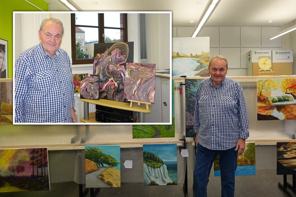 László Bikfalvi stellte seine Landschaftsbilder im Heisenberg-Gymnasium aus. Sein dreiteiliges Werk der Fließtechnik nennt er "Entfaltung".