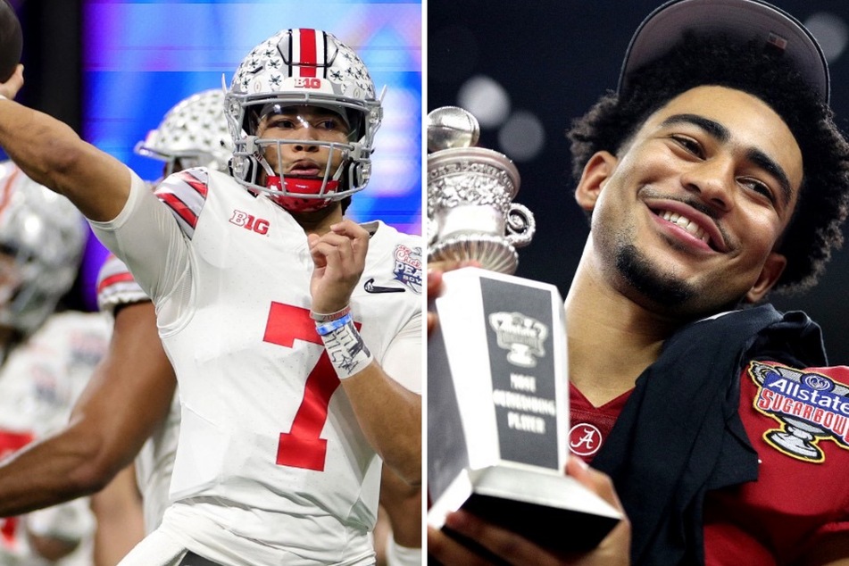 CJ Stroud of Ohio State (l) and Bryce Young (r) of Alabama are the top college football quarterbacks heading for the NFL Draft and departing from their collegiate programs. Who will take their place?