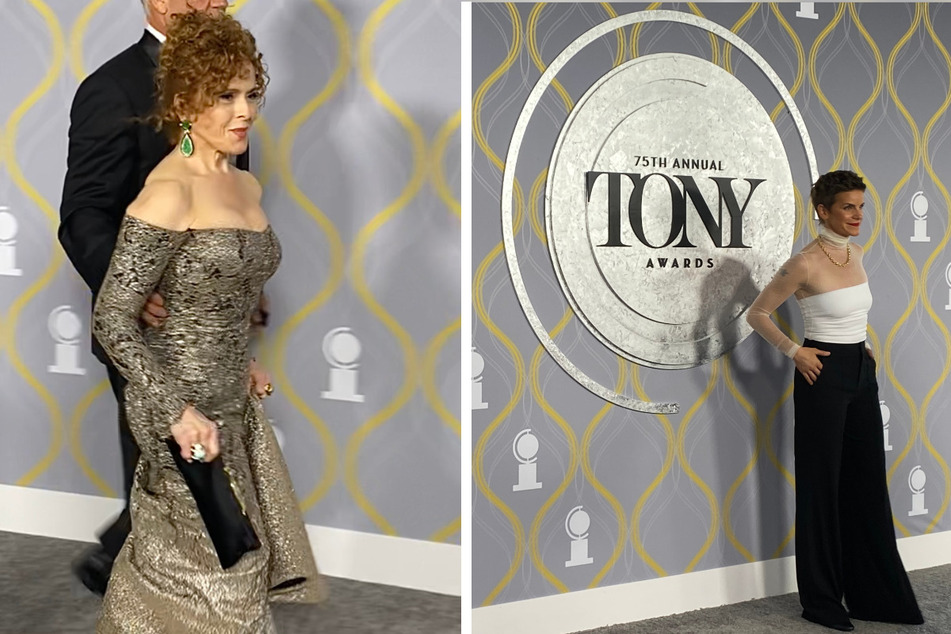 Utkarsh Ambudkar told TAG24 he would leave his wife for Bernadette Peters (l.), who stunned on this year's red carpet in an off-the-shoulder gown. At the end of the carpet, Broadway star Jenn Colella (r.) hosted a Wall of Inspiration for celebs to sign, in honor of 75 years of the Tony Awards.