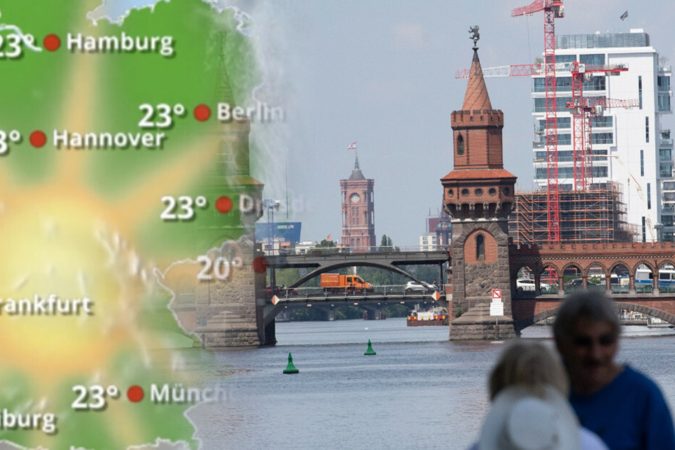 Eine Frau und ein Mann stehen bei warmem und sonnigem Wetter am Ufer der Spree.