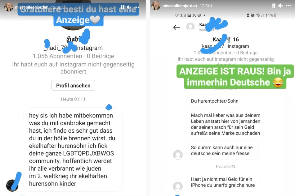 Die Montage zeigt Screenshots der beiden Instagram-Storys, in welchen Miss Colleen Jordan zwei an sie gerichtete Hass-Nachrichten veröffentlichte.