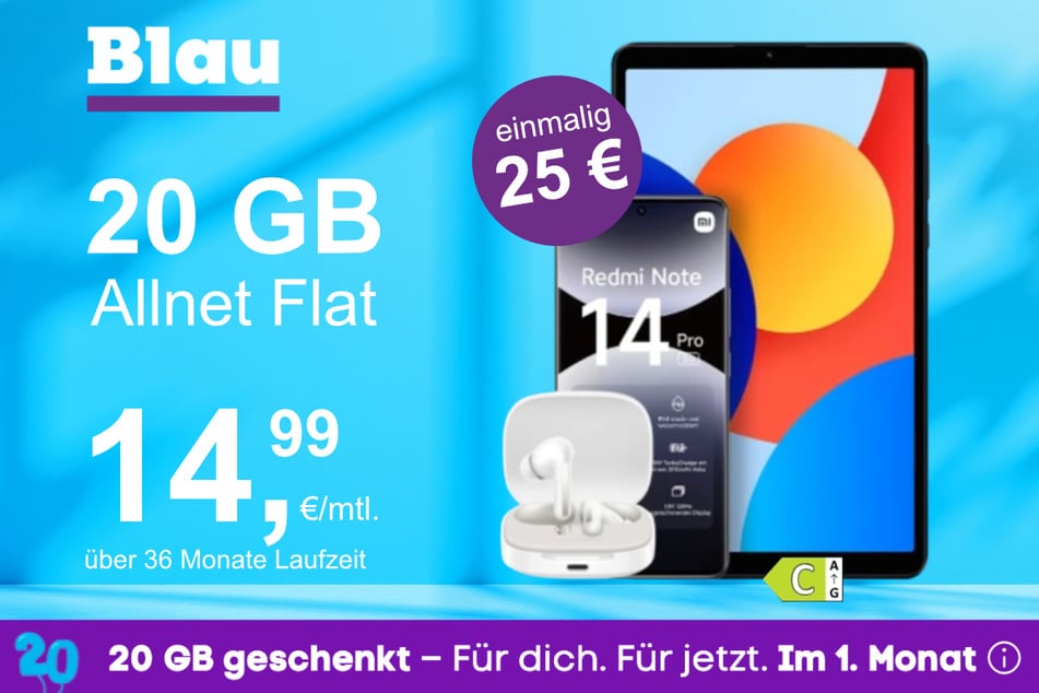 Das Xiaomi Redmi Note 14 Pro + Pad SE + Buds 6 im Blau Allnet M für einmalig 25 Euro.
