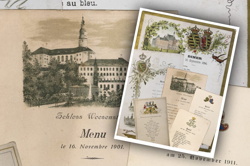 Historische Menükarten der Sammlung Birsner unter anderem zur Tafel von Kronprinz Friedrich August (1865-1932) im Königshaus Leipzig 1904.
