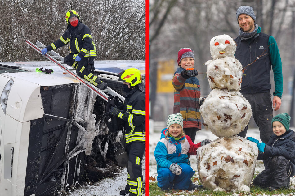 Dan Behrens (37) mit Ida (5), Nathan (5) und Emil (9) bauten im Großen Garten am Sonntag einen Schneemann (Bild rechts). Bei Schkeuditz musste derweilen die Feuerwehr auf der S1 einen Busfahrer (47) befreien, der mit seinem Fahrzeug umgekippt war.
