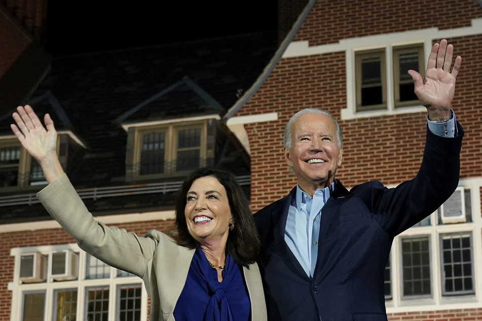 US President Joe Biden and New York Gov. Kathy Hochul wave to the crowd at a campaign rally in Bronxville, New York.