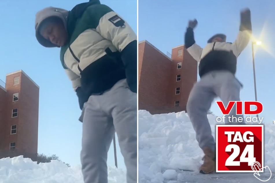 A man who's been "waiting all year" to jump into a big pile of snow instantly regrets it when he realizes it's basically solid ice.