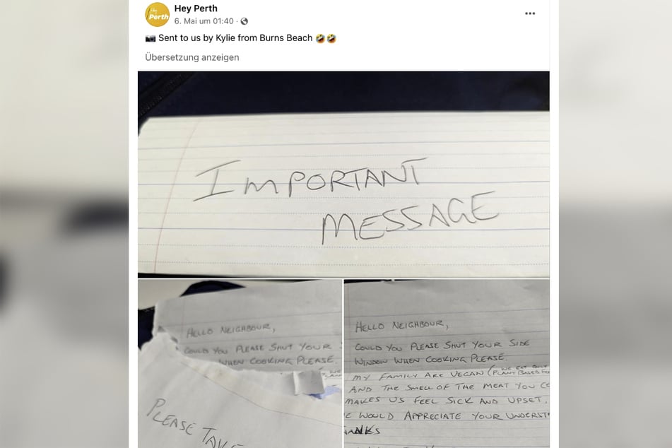 Den Brief der veganen Familie postete "Hey Perth" auf seiner Facebook-Seite.