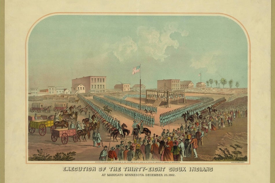 A lithograph depicts the 1862 execution of 38 Sioux people in Mankato, Minnesota – the largest mass hanging in US history.
