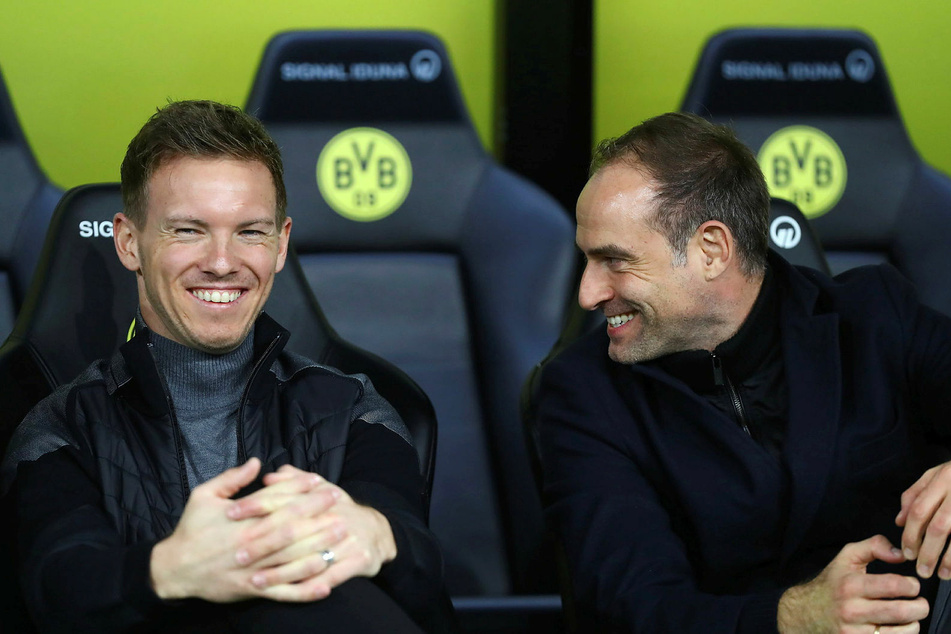 Um einen vorzeitigen Abgang von Trainer Julian Nagelsmann (33, l.) macht sich Geschäftsführer Oliver Mintzlaff (45) keine Sorgen.