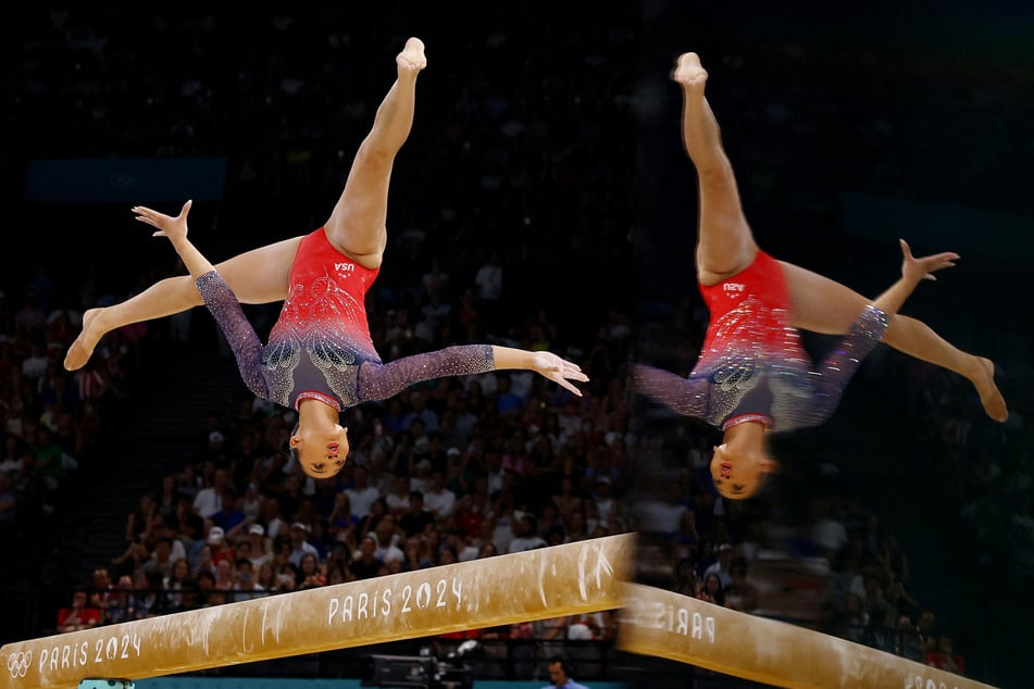 Sunisa Lee on action on the balance beam during the women's gymnastics all-around final at the Paris Olympics.