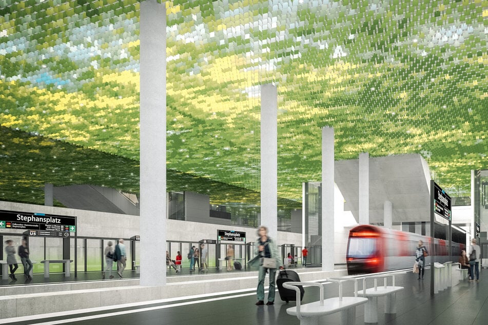 Der Design der Haltestelle soll an ein Blätterdach erinnern, durch das Sonnenstrahlen scheinen.