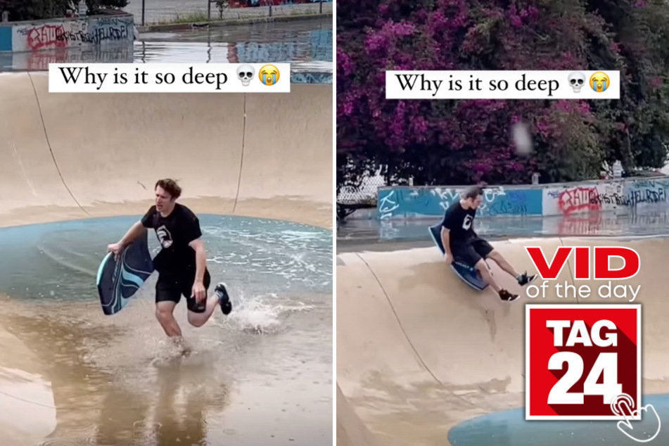 Today's Viral Video of the Day features a man who entered the backrooms while trying to boogie board in a flooded skate park.