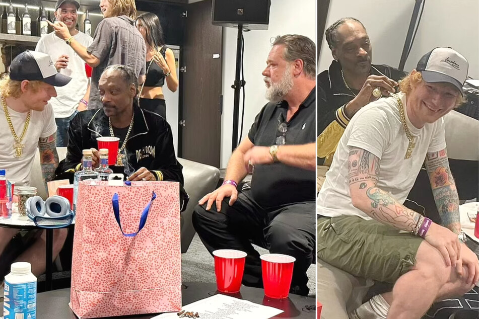 Snoop Dogg gifted singer Ed Sheeran (r) and actor Russell Crowe (c) expensive gold chains while partying backstage after a recent show in Australia.